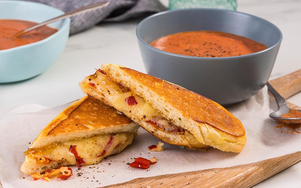 White Cheddar & Fig Grilled Cheese with tomato soup,